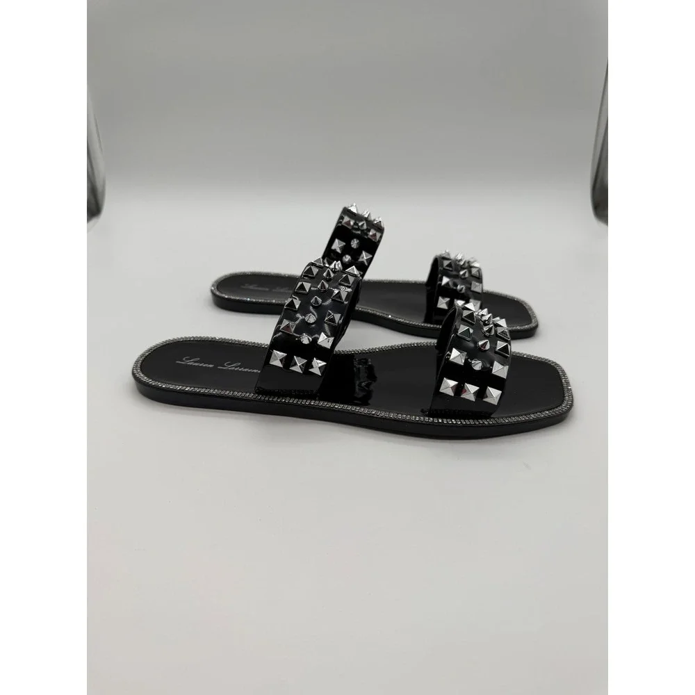 Lauren Lorraine Black Patent Jelly Studded Slide Sandals Silver Pyramid Stud 8.5